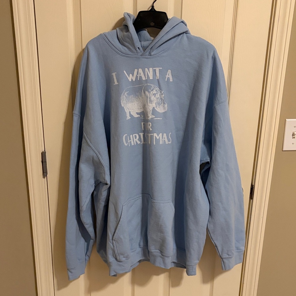 “I Want A Hippopotamus For Christmas” Gildan Light Blue Christmas Hoodie